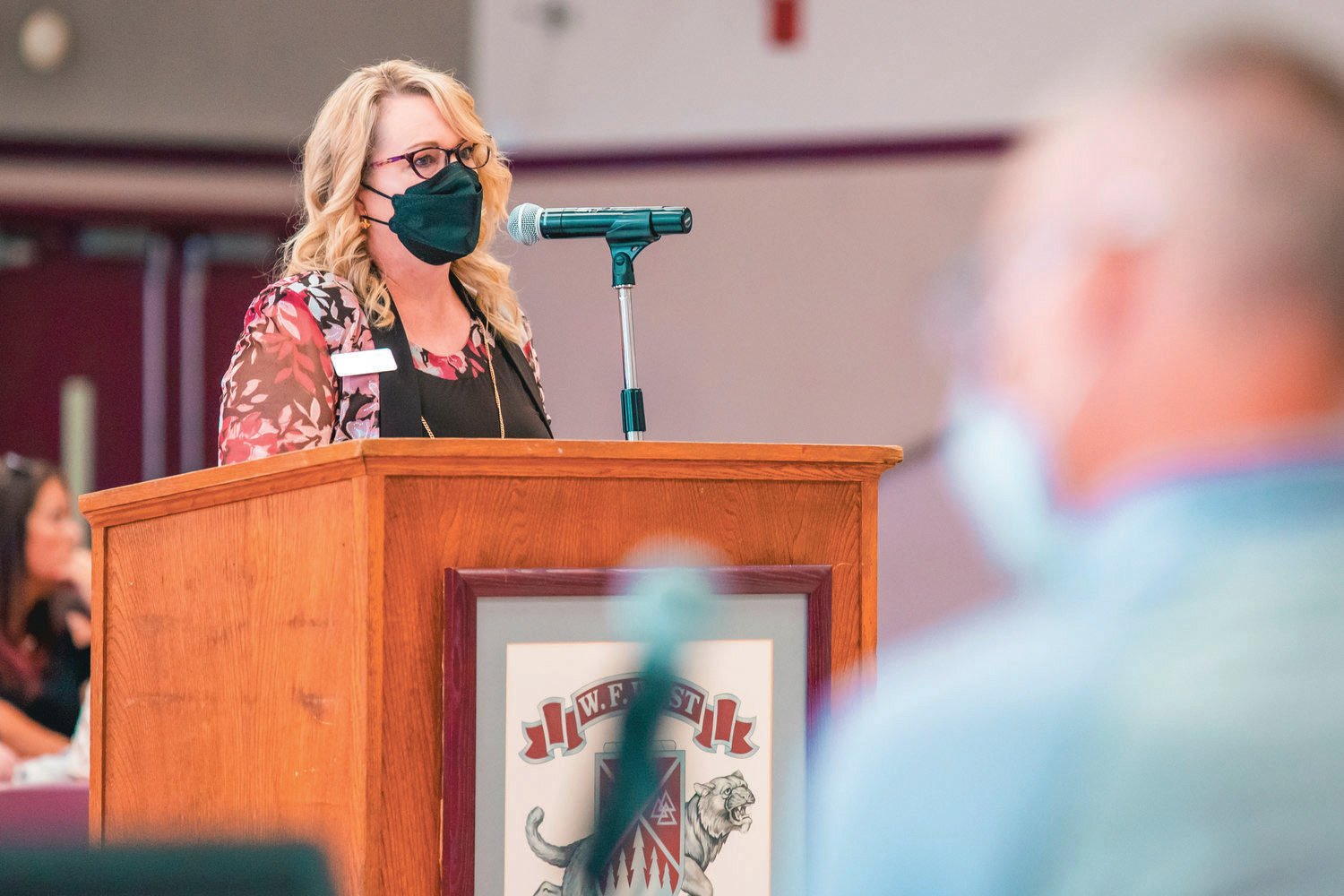 Chehalis School District Superintendent Christine Moloney speaks at the podium during a Chehalis School Board in August.